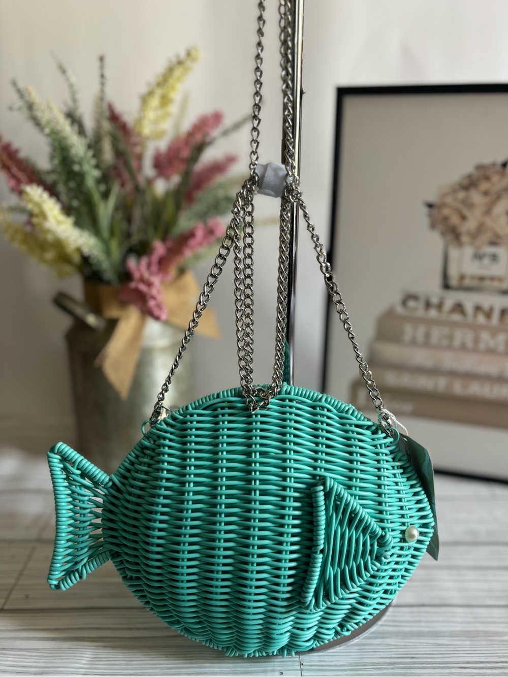 Tommy Bahama Teal Fish-Shaped Woven Bag - Picture 3 of 13